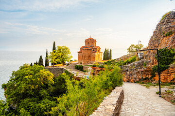 Samuel's Fortress and Plaosnik at Ohrid lake in North Macedonia. Church of St. John the Theologian -at Kaneo - obrazy, fototapety, plakaty