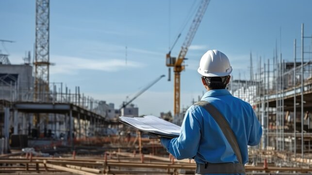 Engineer in a protective helmet stands against the background of a construction site.