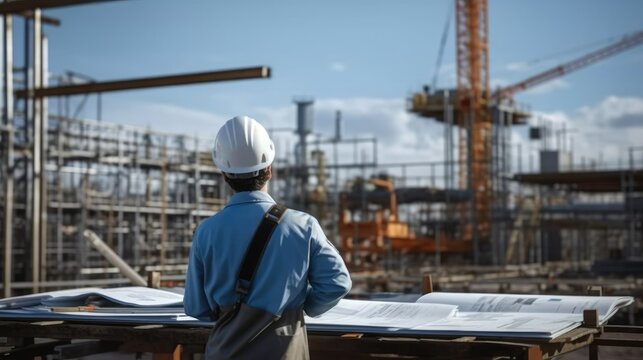 Engineer in a protective helmet stands against the background of a construction site.