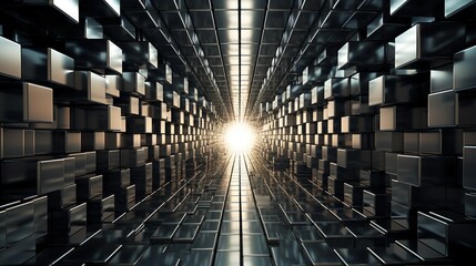 Perspective view of mosaic of many metallic black stacked cubes , abstract tech style background, infinity concept.
