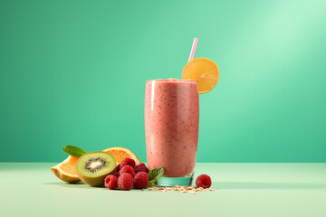 Fruit smoothie on green copy space background