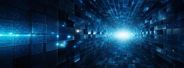 Perspective view of mosaic of many metallic blue stacked cubes , abstract tech style background, infinity concept.
