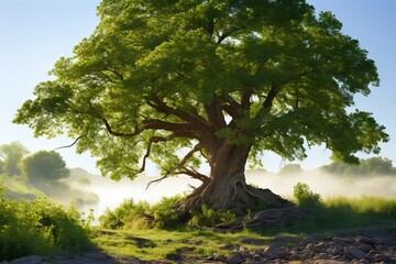 Obraz premium fog morning meadow tall strong tree simple autumn dawn summer tree green oak field solitude mist sunrise earth beauty climate standing summer moody peace alone leaf old sky grass season pasture full