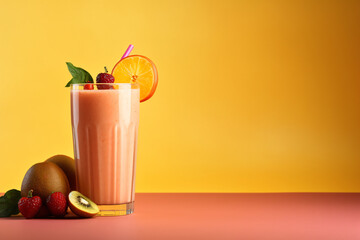 Fruit smoothie on olive copy space background