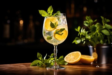 A Hugo Spritz cocktail in a glass garnished with a sprig of mint and lemon