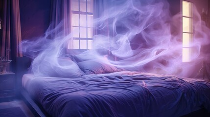 Interior Design of a Magical Bedroom full of Fog. Weird Dreams. Purple & Pink Mystical Lighting