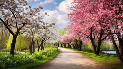 Beautiful spring landscape with flowering trees in the park