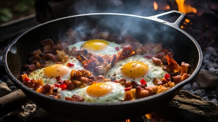 Sizzling Bacon & Eggs in Cast-Iron Skillet, generative Ai