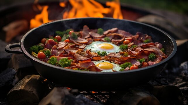Sizzling Bacon & Eggs in Cast-Iron Skillet, generative Ai