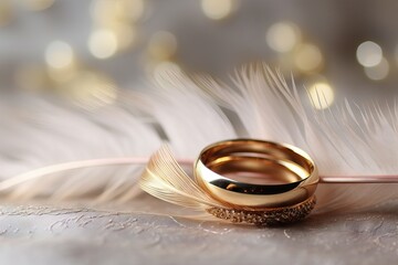 Obraz na płótnie Canvas ring decoration married elegance background ring delicate bride feather golden marry two wedding couple celebration bridal light background anniversary soft rings marriage ceremony engagemen wedding