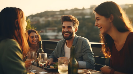 Group of young people having fun drinking red wine on balcony rooftop bbq dinner party - Happy multiracial friends eating barbecue food at restaurant terrace - Food and drink life style concept 
