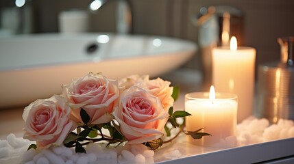 Obraz na płótnie Canvas Elegant White Bathroom with Scented Candles & Rose, generative Ai