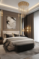 Art-deco style bedroom interior with modern bed in luxury house. - obrazy, fototapety, plakaty