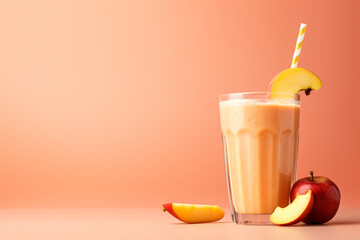 Fruit smoothie on peach copy space background