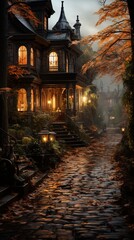 Amazing House, Ancient Style, during the period of Halloween. Fall, Autumn Season.