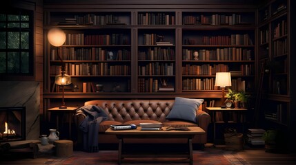 Cozy Vintage Library Room with wooden bookshelf and comfortable sofa