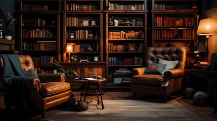 Cozy Vintage Library Room with wooden bookshelf and comfortable sofa