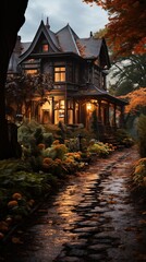 Obraz premium Amazing House, Ancient Style, during the period of Halloween. Fall, Autumn Season.