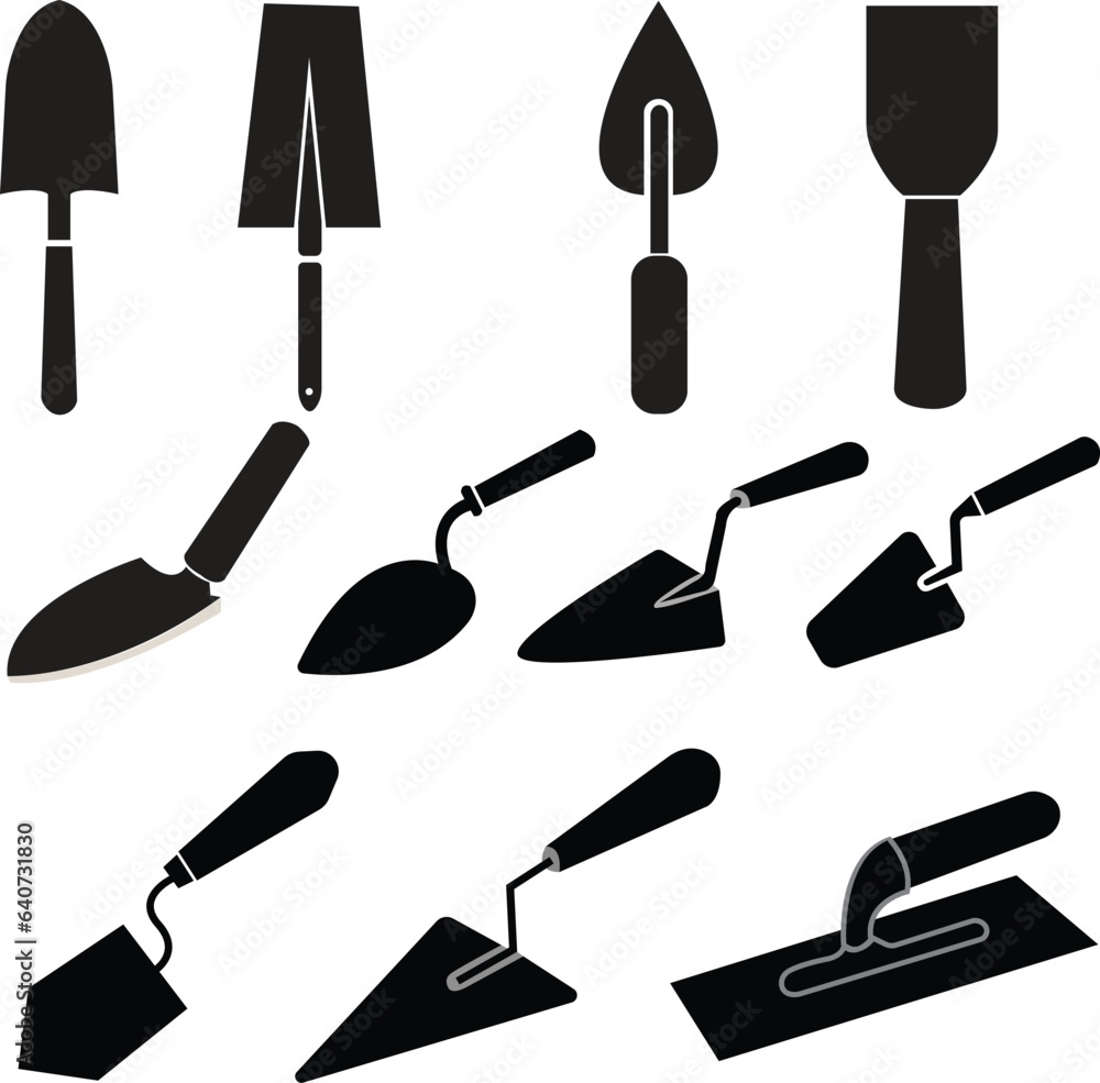 Poster set of simple trowel with handle sign web icon silhouette with invert color. minimalist shovel, spad