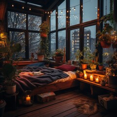 Interior Design of a Modern Bedroom well Lighted in the Style of Autumn Colors.