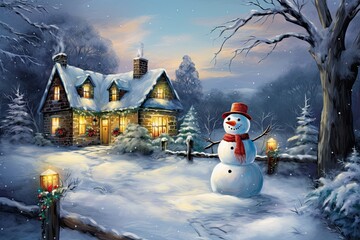 Fototapeta premium Illustration of Christmas theme with a house surrounded by beautiful nature and covered with snow. Generative ai