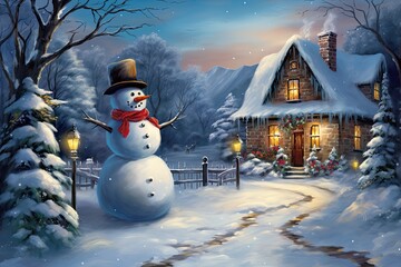 Fototapeta premium Illustration of Christmas theme with a house surrounded by beautiful nature and covered with snow. Generative ai
