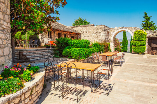 View of the Lekuresi Castle Restaurant on top of a mountain near Saranda, South Albania. Albania beach riviera