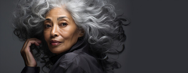 Portrait of mature African American black woman with gray hair in studio