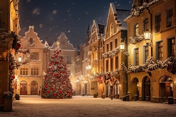 Obraz premium Atmosphere in the city that is holding the Christmas season with a large Christmas tree decorated beautifully in the middle of the falling snow. Generative ai