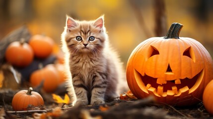 Autumn Whimsy: Funny Kitten & Pumpkin in Fall Setting