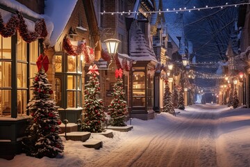 Atmosphere in the city that is holding the Christmas season with a large Christmas tree decorated beautifully in the middle of the falling snow. Generative ai