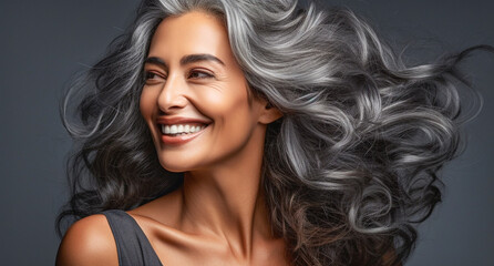 Portrait of mature woman with gray hair in studio