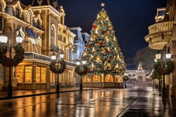 Atmosphere in the city that is holding the Christmas season with a large Christmas tree decorated beautifully in the middle of the falling snow. Generative ai