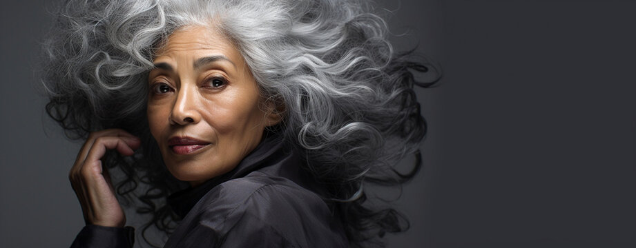 Portrait of mature African American black woman with gray hair in studio
