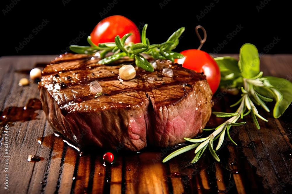 Wall mural meal pepper beef spice close rare mignon shop closeup barbq beef wood grilled cut juicy cooked food menu seared center wooden barbq garn fillet herb grilled steak cow surface blood nner medium steak - Wall murals