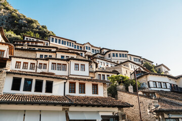 Albanian old city Berat with view of berat castle walls and tiled roofs of houses.