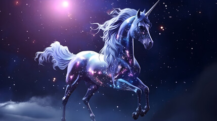 Unicorn formed by constellations, gracefully riding through the universe among galaxies and stars.