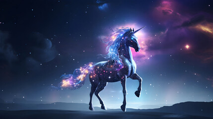 Cosmic journey of the enchanting unicorn formed by constellations, gracefully riding through the universe among galaxies and stars. The dreamy and ethereal atmosphere of celestial magic