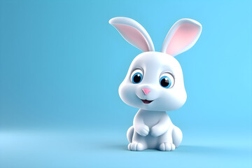 Obraz premium Cute white smiling rabbit, 3D cartoon style, blue background, AI image