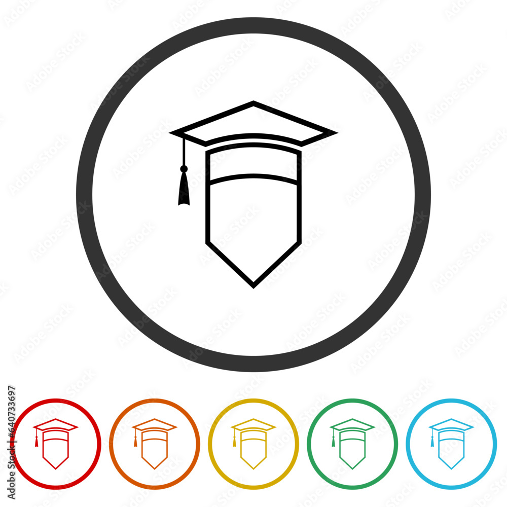 Poster shield logo with graduation cap. set icons in color circle buttons