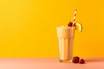 Fruit smoothie on yellow copy space background