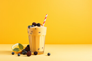 Fruit smoothie on yellow copy space background