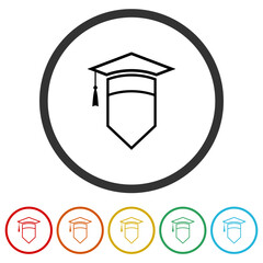 Shield logo with graduation cap. Set icons in color circle buttons