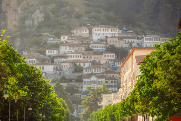 Albanian old city Berat with view of berat castle walls and tiled roofs of houses.