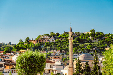 Albanian old city Berat with view of berat castle walls and tiled roofs of houses.