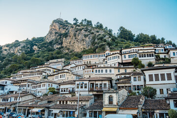 Albanian old city Berat with view of berat castle walls and tiled roofs of houses.