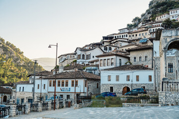 Albanian old city Berat with view of berat castle walls and tiled roofs of houses.