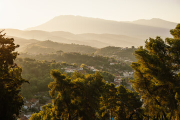 Albanian old city Berat with view of berat castle walls and tiled roofs of houses.