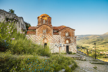 Albanian old city Berat with view of berat castle walls and tiled roofs of houses.