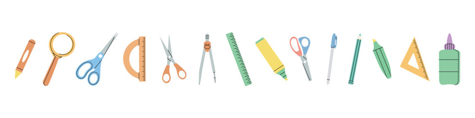 School supplies set. Protractor and triangle ruler, measuring tool, marker pens, pencils, chalk, bottle of glue, office scissor. Back to school. - obrazy, fototapety, plakaty